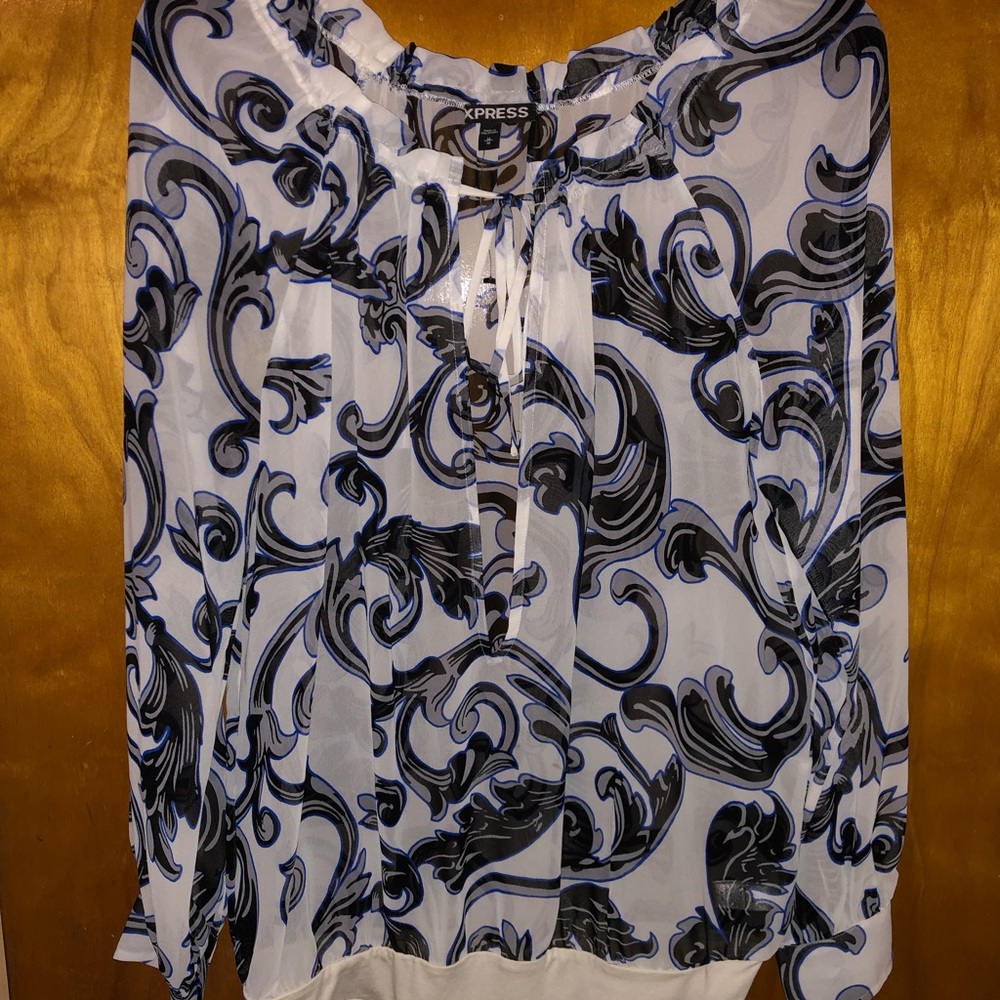 Express Royal White Blue and Black Bodysuit Blouse